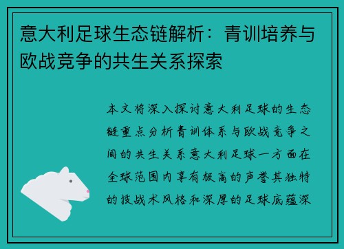 意大利足球生态链解析：青训培养与欧战竞争的共生关系探索