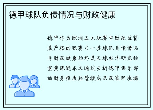 德甲球队负债情况与财政健康