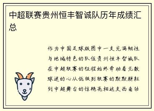 中超联赛贵州恒丰智诚队历年成绩汇总