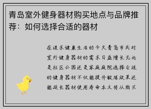 青岛室外健身器材购买地点与品牌推荐：如何选择合适的器材
